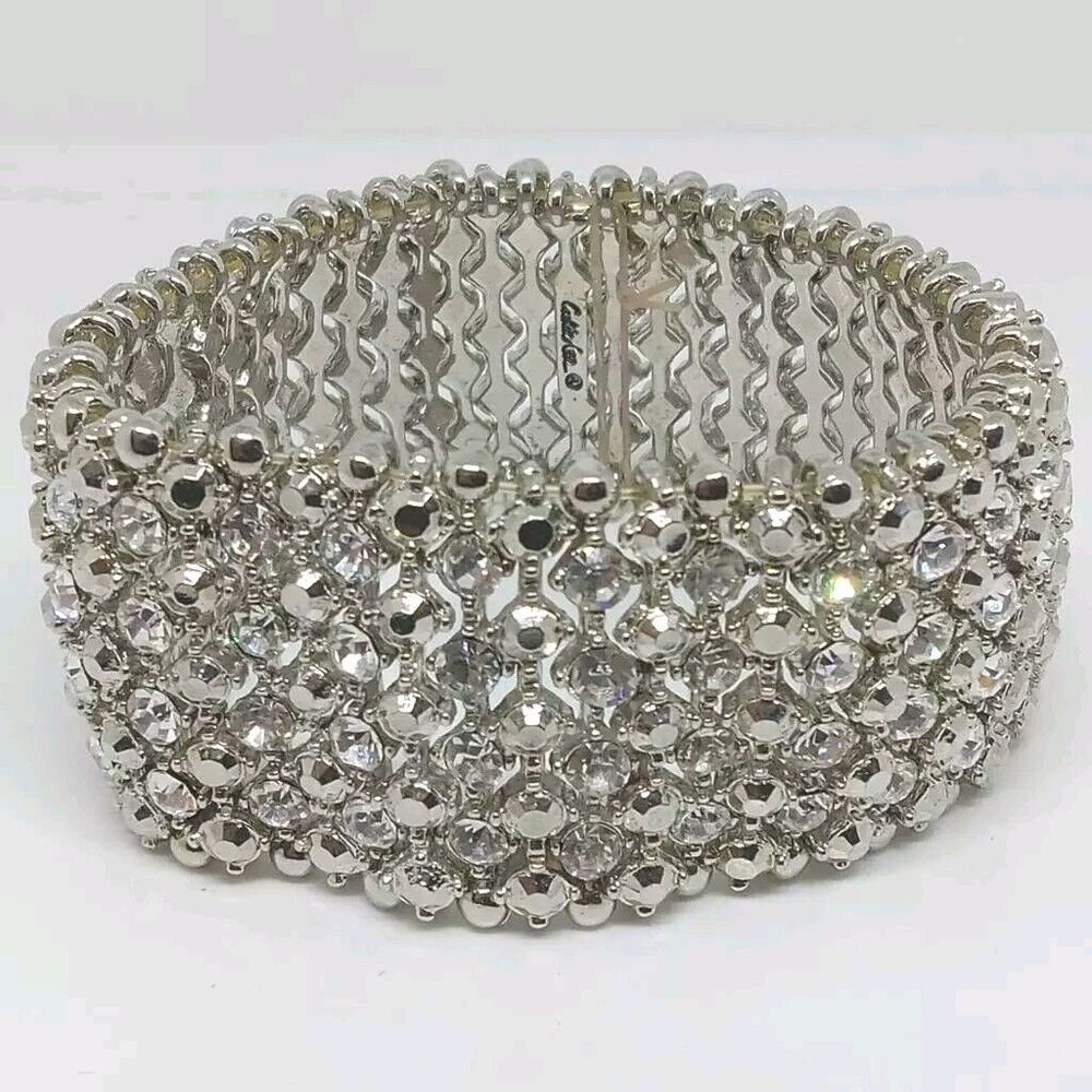 Cookie Lee Bracelet Silver Stretch Wide Rhinestone Statement Signed 1.25"W 4"L